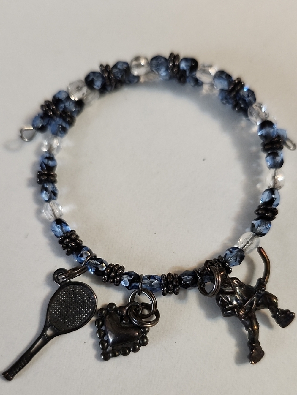 Handcrafted Blue Crystal Tennis,Heart & Hockey Charm Bracelet